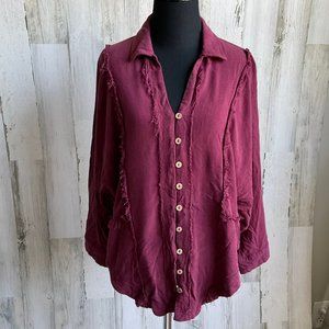 Böhme Size Small Linen Blend Button Down Shirt Fray Detail Shirttail Hem